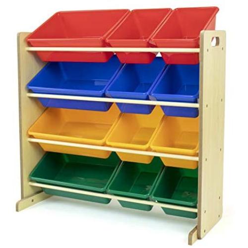 Tot Tutors Kids Toy Storage Organizer with 12 Plastic Bins, Natural/Primary (Primary Collection)