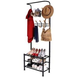 Eshion Multi-purpose Hat Coat Rack Entryway Storage Valet Clothes Hanger Shoe Shelf Organizer Metal, Black (US STOCK) (Black)