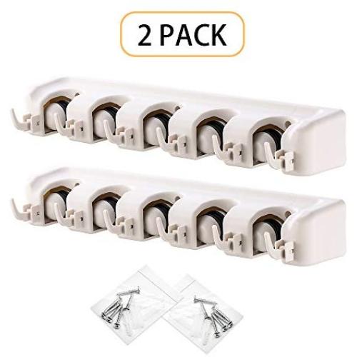 IMILLET Mop and Broom Holder, Wall Mounted Organizer-Mop and Broom Storage Tool Rack with 5 Ball Slots and 6 Hooks (Gray) (Double Pack)