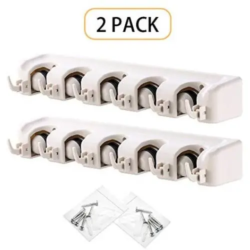 IMILLET Mop and Broom Holder, Wall Mounted Organizer-Mop and Broom Storage Tool Rack with 5 Ball Slots and 6 Hooks (Gray) (Double Pack) IMILLET Mop and Broom Holder, Wall Mounted Organizer-Mop and Broom Storage Tool Rack with 5 Ball Slots and 6 Hooks (Gray) (Double Pack)