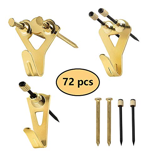 Picture Hangers, Picture Hanging Kits, 72 Pieces Picture Photo Frame Hooks for Heavy Duty Picture Hanging with Wall Mounting Nails Supports 30-100 lbs(Golden)