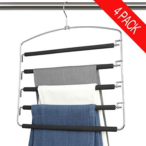 Bloberey Pants Hangers 5 Layers Metal Slack Magic Hangers Non-Slip Foam Padded Swing Arm Space Saving Hanger Clothes Closet Storage Organizer for Pants Jeans Trousers Skirts Scarf Ties Towels（4 Pack）