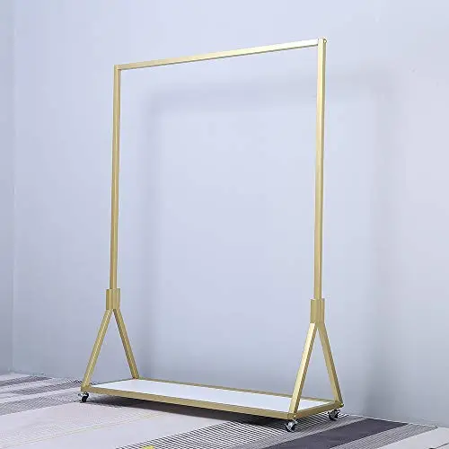 FURVOKIA Modern Simple Heavy Duty Metal Rolling Garment Rack with Wheel,Retail Display Clothing Rack,Wrought Iron Single Rod Floor-Standing Hangers Clothes Shelves (Gold Square Tube with Wood, 47.2 L)