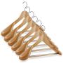 Casafield - 6 Natural Wide Shoulder Wooden Suit Hangers - Premium Lotus Wood, Non-Slip Pant Bar & Chrome Swivel Hook for Dress Clothes, Coats, Jackets, Pants, Shirts, Skirts