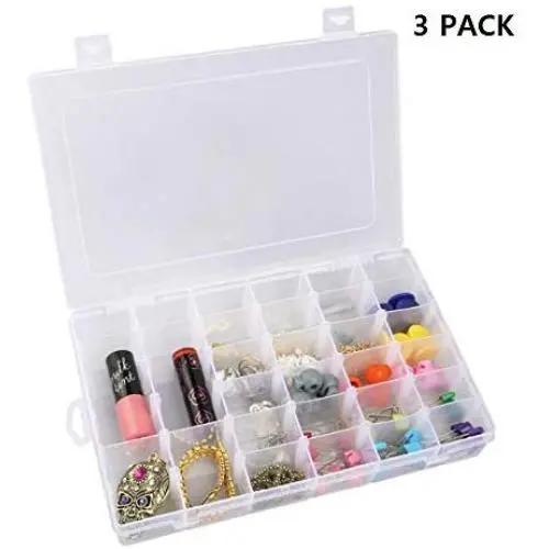 Eutuxia Clear Plastic Jewelry Organizer Boxes with 36 Compartments, Hard Storage Boxes with Adjustable Dividers [3 Pk]