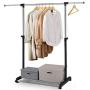 Leaflai Clothes Garment Rack Standard Rod with Wheels and Grid on The Base Heavy-Duty Clothing Rack Adjustable Rolling Extendable Hanging Rail Bottom Storage Shelf with mesh Black Easy to Assemble