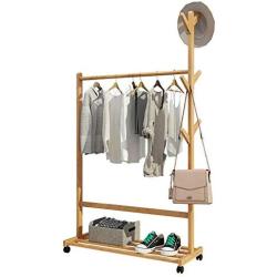 GGYDD Single Rail Bamboo Garment Rack, 8 Side Hook Tree Stand Rolling Coat Hanger for Jacket,Umbrella,Clothes,Hats,Scarf,Handbags-a 60x176cm(24x69inch)