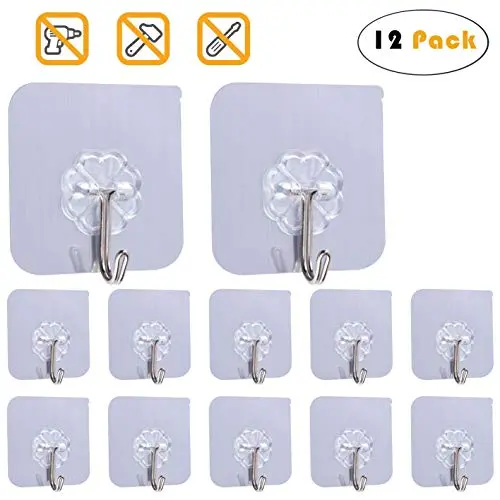 Adhesive Hook Heavy Duty Wall Hook for Ceiling Reusable Hanger for Bathroom Stick on Hooks Seamless Traceless Waterproof and Oilproof for Bathroom Kitchen Bedroom Refrigerator load max 33 lb(12Packs)