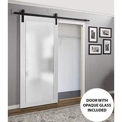 Sliding Lite Barn Frosted Glass Door 36 x 80 | Planum 2102 White Silk | 6.6FT Rail Hangers Stops Hardware Set | Modern Solid Core Interior Door Eco-Veneer