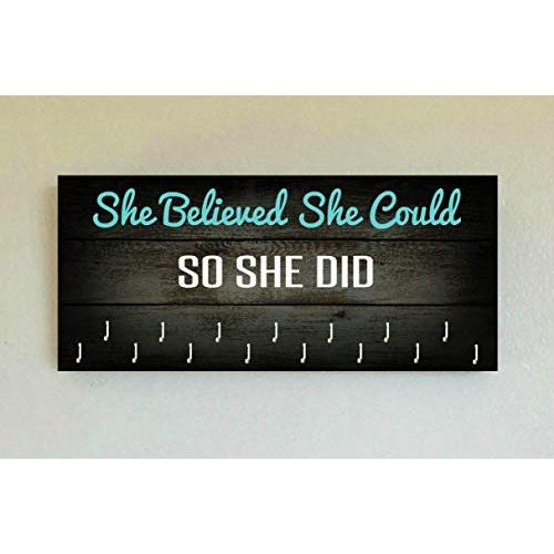 Race Medal Holder/Running Medal Hanger SHE BELIEVED SHE COULD SO SHE DID- Wood Wall Mounted Medal Organizer. CUSTOMIZATION Available