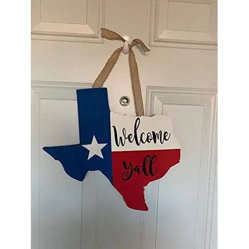 HAND PAINTED WELCOME YALL TEXAS SHAPED WOODEN DOOR HANGER SIGN