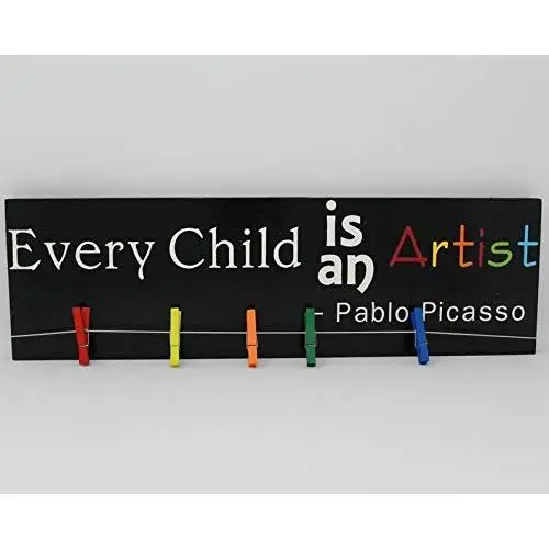 Every Child is an Artist Sign, Pablo Picasso Quote Kids Artwork Display Hanger, Children Room Art Hanging Holder Wood Sign, Kids Decor Gift