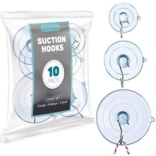 All-Purpose Suction Cup Hooks [10PK Combo Set] Powerful Window Suction Cups with Hooks Use to Hang On Glass, Windows, Doors, Mirrors, Tiles. Set Includes: 2 Large, 4 Medium, 4 Small