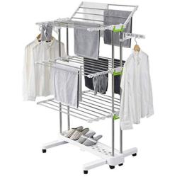 3 Tier Clothes Airer - Stainless Steel Drying Rack Fold-able Rolling Clothes Laundry Dryer Hanger Shoe Rack Adjustable Dry Rail Hanger with Wings and Portable Top Bar