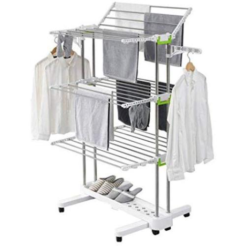 3 Tier Clothes Airer - Stainless Steel Drying Rack Fold-able Rolling Clothes Laundry Dryer Hanger Shoe Rack Adjustable Dry Rail Hanger with Wings and Portable Top Bar