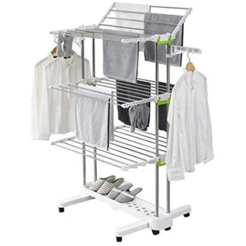3 Tier Clothes Airer - Stainless Steel Drying Rack Fold-able Rolling Clothes Laundry Dryer Hanger Shoe Rack Adjustable Dry Rail Hanger with Wings and Portable Top Bar 3 Tier Clothes Airer - Stainless Steel Drying Rack Fold-able Rolling Clothes Laundry Dryer Hanger Shoe Rack Adjustable Dry Rail Hanger with Wings and Portable Top Bar