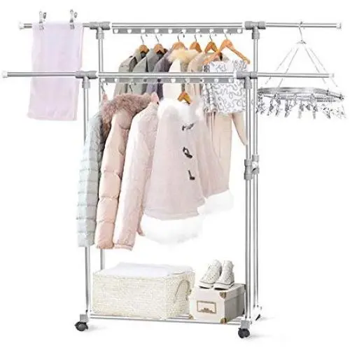 CONBOLA Heavy Duty Clothes Rolling Rack, Adjustable Double Rods Garment Hanging Stand with Shelves on Wheels for Drying Hanging Clothes Aluminum Alloy (Silver) CONBOLA Heavy Duty Clothes Rolling Rack, Adjustable Double Rods Garment Hanging Stand with Shelves on Wheels for Drying Hanging Clothes Aluminum Alloy (Silver)