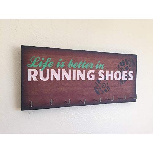 Race Medal Holder/Running Medal Hanger - LIFE IS BETTER IN RUNNING SHOES. Wood Wall Mounted Medal Organizer