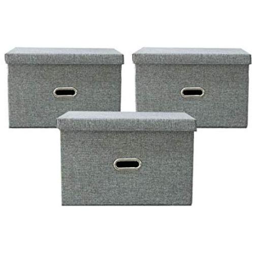 Ribens Collapsible Storage Bins with Lids Linen Fabric Foldable Storage Boxes Organizer Containers Baskets Cube [3-Pack] Home Bedroom Closet Office Nursery Toys (Grey, 14.5