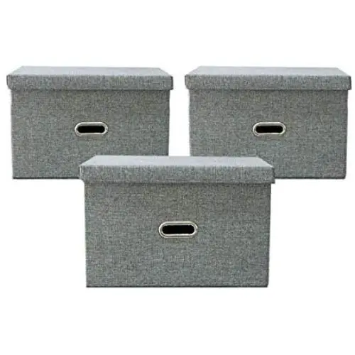 Ribens Collapsible Storage Bins with Lids Linen Fabric Foldable Storage Boxes Organizer Containers Baskets Cube [3-Pack] Home Bedroom Closet Office Nursery Toys (Grey, 14.5
