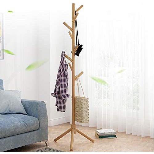 High-Grade Wooden Tree Coat Rack Stand, 8 Hooks & 3 Prong Legs, Stability - Super Easy Assembly NO Tools Required - Hallway/Entryway Coat Hanger Stand for Clothes, Suits, Accessories