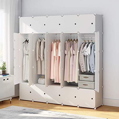 KOUSI Portable Closet Wardrobe Closet Room Closet with Doors Wardrobe with Storage Wardrobes for Bedrooms Portable Closet Wardrobe Bedroom Armoire, White, 10 Cubes + 5 Hanger