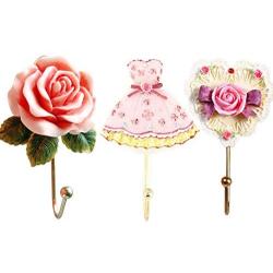 Evoio 3PCS Wall Hooks Rose Flower/Heart/Dress Resin Wall Mounted Vintage Hook Hanger Organizer for Bathroom Towel Clothes Rack Coat Hat Robe Pink(3 in 1)