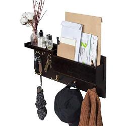 JackCubeDesign Entryway Coat Rack Wall Mount Key Holder Mail Envelope Hook Organizer Clothes Hat Hanger with Faux Brown Leather Shelf and Tray(Solid Wood, 20.5 x 9.1 x 3.4 inches) ? :MK362B