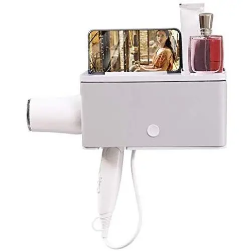 Wall-mounted hair dryer rack, non-drilled self-adhesive hair dryer storage rack compatible with most hair dryers (gray) styling tool storage basket, cosmetic storage box, mobile phone holde Wall-mounted hair dryer rack, non-drilled self-adhesive hair dryer storage rack compatible with most hair dryers (gray) styling tool storage basket, cosmetic storage box, mobile phone holde