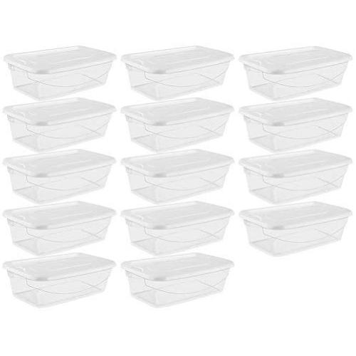 Shiny-GoGo Plastic Storage Boxes Shoe Boxes 6 Quart/5.7 Liter, Buckle White Lids, Clear Base(Pack of 14)