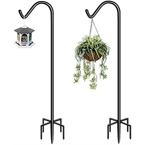 Garbuildman 60 Inch Tall Shepherd Hooks with 5-Forked Base, Adjustable Heavy Duty Bird Feeder Pole Stand Hanger for Outdoor, Shiny Black, 2 Pack