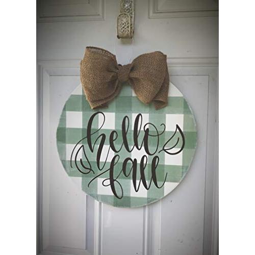 Hello Fall Round Farmhouse plaid wreath thanksgiving door hanger