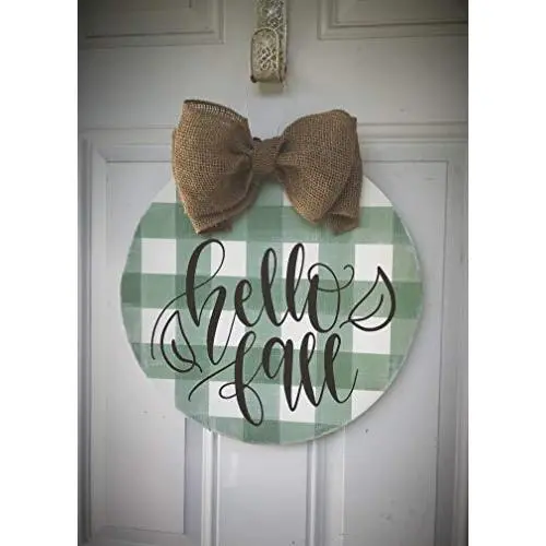 Hello Fall Round Farmhouse plaid wreath thanksgiving door hanger