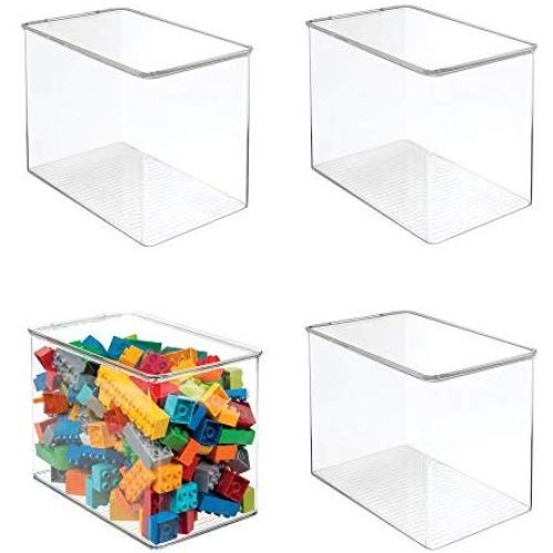 mDesign Stackable Closet Plastic Storage Bin Boxes with Lid - Container for Organizing Childs/Kids Toys, Action Figures, Crayons, Markers, Building Blocks, Puzzles, Crafts - 9&quot High, 4 Pack - Clear