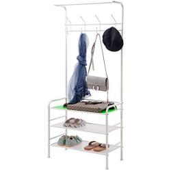 SINGAYE Coat Rack Hall Hree Entryway Bench Storage Shelves with 3-Tier Shoes Clothes Rack Carbon Steel White