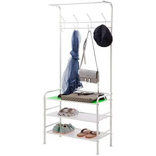 SINGAYE Coat Rack Hall Hree Entryway Bench Storage Shelves with 3-Tier Shoes Clothes Rack Carbon Steel White SINGAYE Coat Rack Hall Hree Entryway Bench Storage Shelves with 3-Tier Shoes Clothes Rack Carbon Steel White