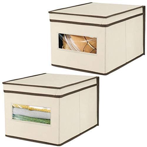 mDesign Soft Stackable Fabric Closet Storage Organizer Holder Boxes Bin with Clear Window, Attached Hinged Lid - Bedroom, Hallway, Entryway, Bathroom - Large, 2 Pack - Cream/Espresso Brown mDesign Soft Stackable Fabric Closet Storage Organizer Holder Boxes Bin with Clear Window, Attached Hinged Lid - Bedroom, Hallway, Entryway, Bathroom - Large, 2 Pack - Cream/Espresso Brown