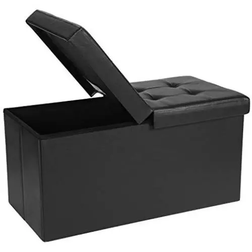 SONGMICS 30 Inches Folding Storage Ottoman Bench with Flipping Lid, Storage Chest Footstool, Faux Leather, Black ULSF45BK
