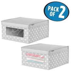 mDesign Soft Stackable Fabric Closet Storage Organizer Holder Boxes - Clear Window and Lid, for Child/Kids Room, Nursery, Playroom - Polka Dot Print - Medium, 2 Pack - Light Gray with White Dots