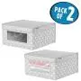 mDesign Soft Stackable Fabric Closet Storage Organizer Holder Boxes - Clear Window and Lid, for Child/Kids Room, Nursery, Playroom - Polka Dot Print - Medium, 2 Pack - Light Gray with White Dots