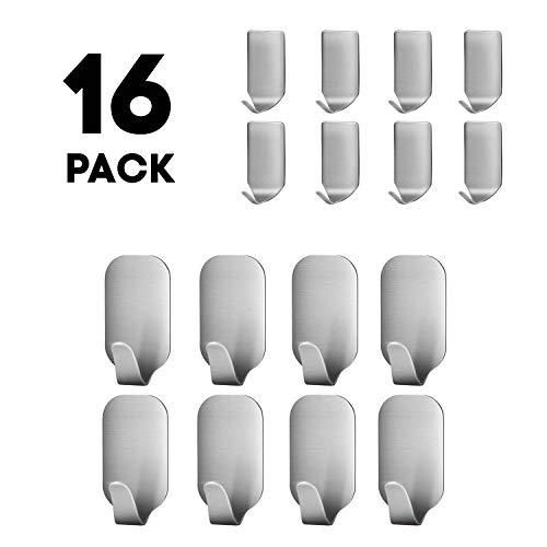 Belursus Adhesive Hooks Heavy Duty Wall Hooks Stainless Steel Ultra Strong Waterproof Hanger for Robe Coat Towel Keys Bags Home Kitchen Bathroom (Set of 16)