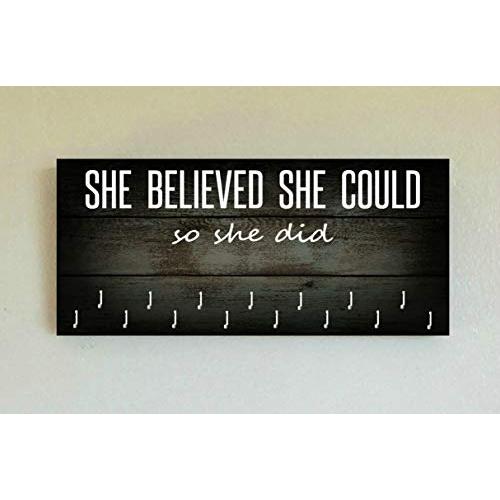 Race Medal Holder/Running Medal Hanger SHE BELIEVED SHE COULD SO SHE DID- Wood Wall Mounted Medal Organizer. CUSTOMIZATION Available