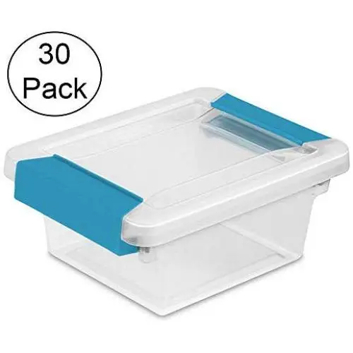 Sterilite Mini Clip Plastic Storage Boxes Clear w/Blue Aquarium Latches (30 Pack) Sterilite Mini Clip Plastic Storage Boxes Clear w/Blue Aquarium Latches (30 Pack)