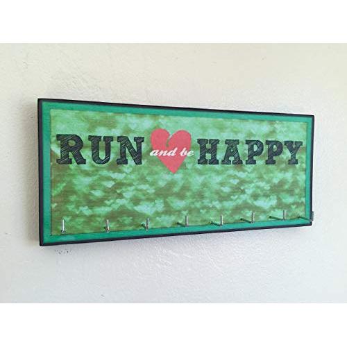 Race Medal Holder/Running Medal Hanger - RUN AND BE HAPPY (green). Wood Wall Mounted Medal Organizer