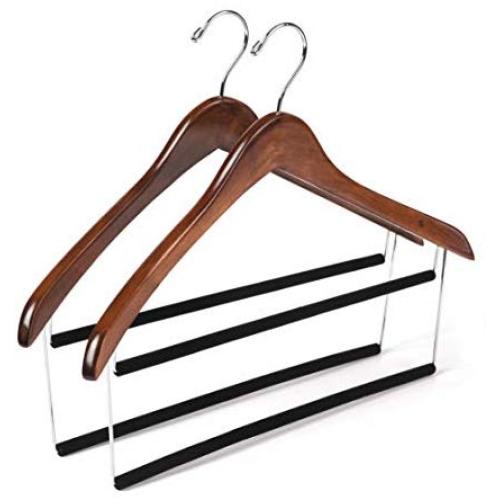 2 Quality Tow-Tone Wooden Suit Hangers with Velvet Pants Bar Smooth Finish Solid Wood Coat Hanger with 360° Swivel Hook - Camisole, Jacket, Pant, Dress Clothes Hangers (Retro, 2)