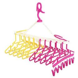 QKKstore 10 in 1 Multifunctional Hook Clothes Hanger Adjustable Anti Slip for Baby Windproof Home with Clips Storage Foldable Drying Rack,Yellow Pink,CH