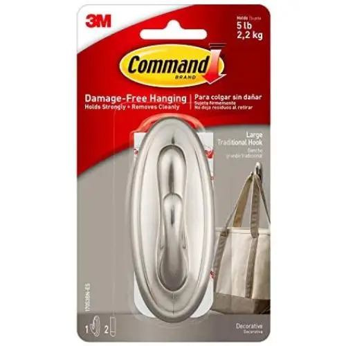 Command Large Traditional Plastic Hook, Brushed Nickel, 1-Hook, 2-Strips, Organize Damage-Free Command Large Traditional Plastic Hook, Brushed Nickel, 1-Hook, 2-Strips, Organize Damage-Free