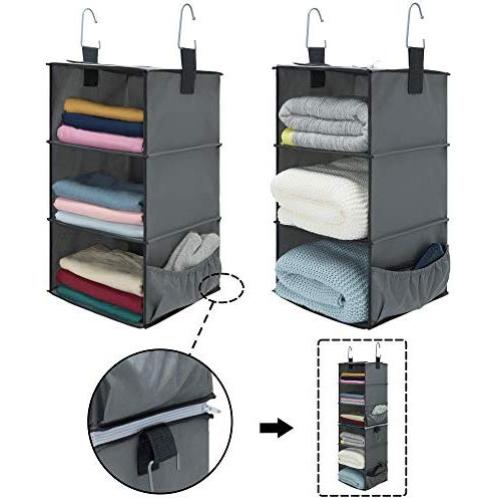 StorageWorks 2PCS 3-Shelf Hanging Closet Organizers, Space-Saving Storage Closet Hanging Shelves, Collapsible Storage Shelves for Clothes and Shoes, Polyester Fabric, Greenish Gray, 12&quotx12&quotx21"