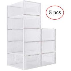 WAYTRIM Foldable Shoe Box, Stackable Clear Shoe Storage Boxes - Storage Bins Shoe Container Organizer, 8 Pack - White