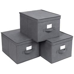 SONGMICS Set of 3 Foldable Storage Boxes with Lids, Fabric Cubes with Label Holders, Storage Bins Organiser, 11.8